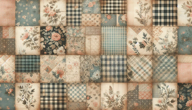 A vintage shabby chic quilting patchwork seamless pattern, Ai generated image