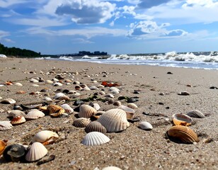 Obraz premium Sandy shoreline littered with seashells under a partly cloudy sky, ocean waves crashing in the distance