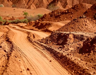 Sandy track winds through undulating, reddish terrain, leading towards distant hills. Sparse vegetation dots the landscape