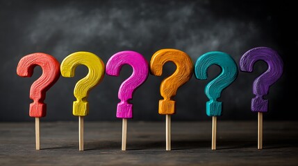 Close-up of six colorful wooden question marks on sticks against a dark background