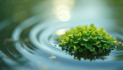 Tiny green Wolffia plants float on calm water surface. Gentle ripples spread outwards from aqua flora cluster. Sunlight creates bokeh blur in soft background.