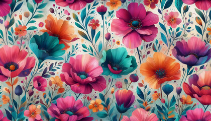 A colorful boho garden watercolor flowers digital seamless pattern, Ai generated image
