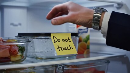 Man reaching for lunch container in refrigerator with Do not touch sticky note. Hand making OK gesture near food with warning label. Office kitchen and shared fridge concept