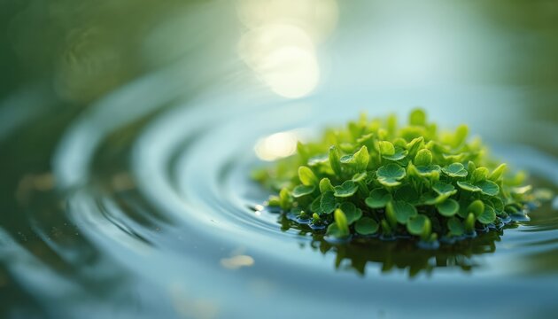 Tiny green Wolffia plants float on calm water surface. Gentle ripples spread outwards from aqua flora cluster. Sunlight creates bokeh blur in soft background.