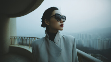 Fashion portrait asian woman sunglasses gray coat city balcony overcast moody style fashion portrait asian woman with