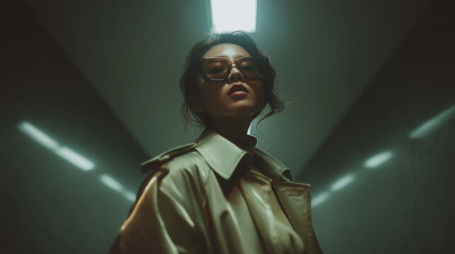 Futuristic woman portrait in trench coat, sunglasses, neon light corridor, confident mood - Powered by Adobe
