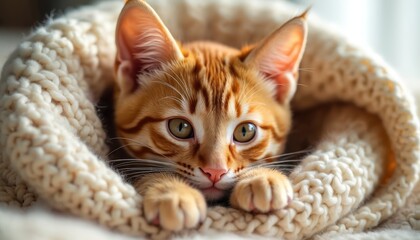 Adorable ginger kitten wrapped in cozy knit blanket. Small cat with striped fur rests comfortably. Peaceful feline enjoys warmth and soft wool texture.