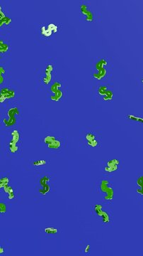 3D Golden dollar falling on blue background. Full HD. 4K