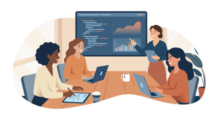Diverse Female Software Engineers Coding and Having a Meeting in Modern Tech Office, Flat Vector Illustration of Women in STEM for International Women's Day 2026