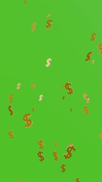 3D Golden dollar falling on green background. Full HD. 4K