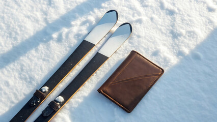 Skis and Wallet on Snow