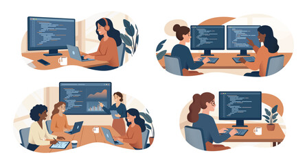 Diverse Female Software Engineers Coding in Modern Tech Office, Flat Vector Illustration of Women in STEM for International Women's Day 2026