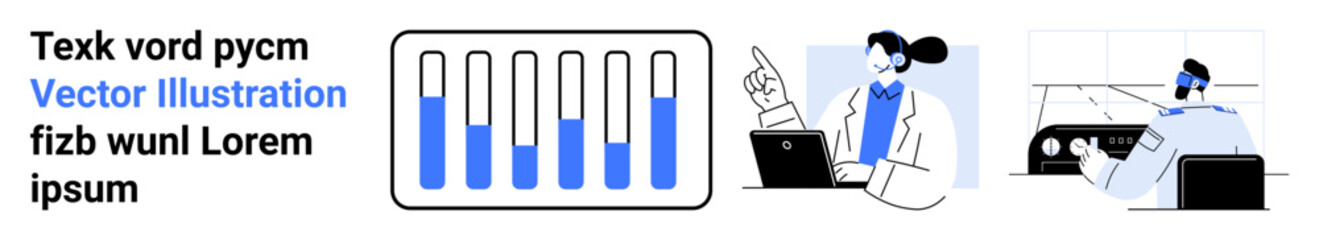 Fototapeta premium Laboratory worker using a laptop, test tubes with fluid levels, and a person working with machinery. Ideal for science, analysis, laboratory, innovation, teamwork, technology simple landing page