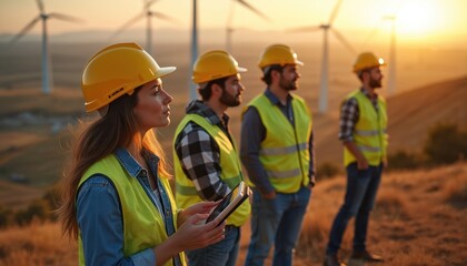 Workers in hard hats, vests inspect wind turbines at sunset. Team collaborates on renewable energy project. Female engineer uses tablet to check data on site. Green energy production team working