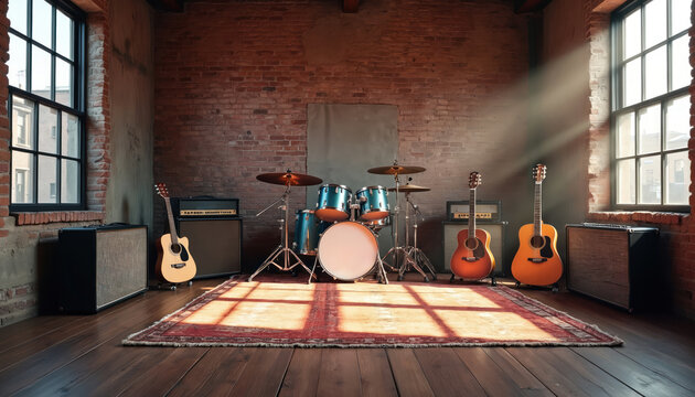 Music studio with drum set and guitars on wood floor. Brick walls and large windows create industrial loft ambiance. Sunlight streams onto rug and equipment.