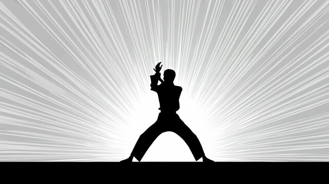 Karate martial art man silhouette pose action background dynamic power focus warrior action kick pose energy sunburst black and white dynamic