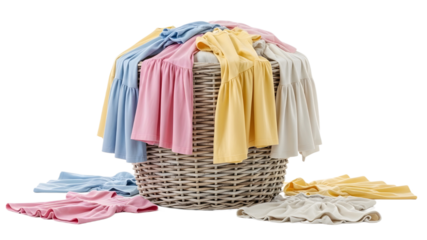 Wicker Laundry Basket Overflowing with Clean Colorful Pastel Baby Clothes isolated PNG with Transparent Background