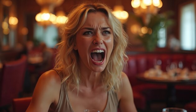 Woman yells loudly in fancy restaurant. Female guest has angry outburst during meal. Customer expresses extreme displeasure with food or service.