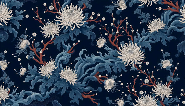 A Japanese floral pattern dark blue coral seamless design, Ai generated image