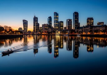 Obraz premium Cityscape reflections on the river at dusk, illuminated buildings skyline