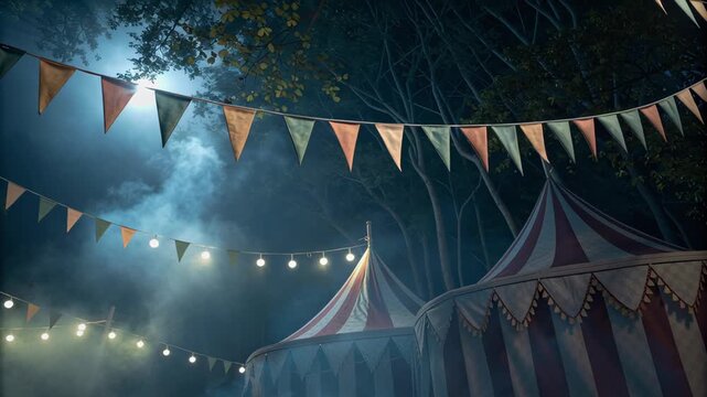 Mystical Carnival Scene Enchanting Night Illustration with Colorful Tents and String Lights in Moonlit Forest Setting