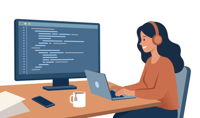 Female Software Engineer Coding in Modern Tech Office, Flat Vector Illustration of Women in STEM for International Women's Day 2026