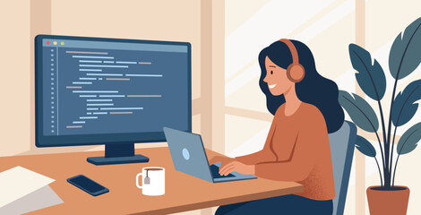 Female Software Engineer Coding in Modern Tech Office, Flat Vector Illustration of Women in STEM for International Women's Day 2026