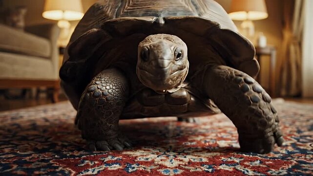 Giant tortoise in a luxurious living room, close-up view.