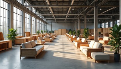 Spacious factory floor with rows of modern wooden sofas, chairs. Large windows let in natural light, illuminating clean concrete floor. Plants add touches of nature to minimalist industrial setting,