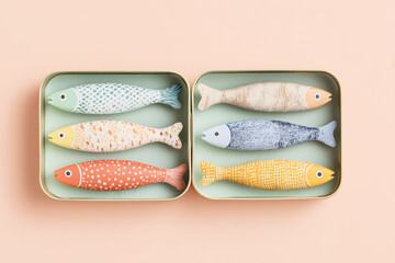 Fun fish shaped candies in charming sardine packaging, colorful playful confectionery ideal for candy branding, packaging design, social media content, advertising, kids products and creative food con