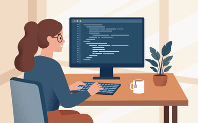 Female Software Engineer Coding in Modern Tech Office, Flat Vector Illustration of Women in STEM for International Women's Day 2026