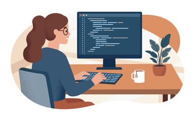 Female Software Engineer Coding in Modern Tech Office, Flat Vector Illustration of Women in STEM for International Women's Day 2026