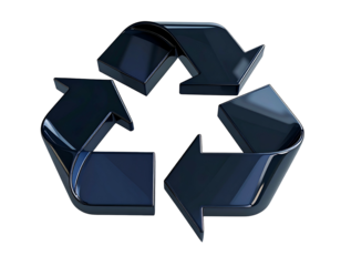 Glossy, metallic, blue recycle symbol against black background