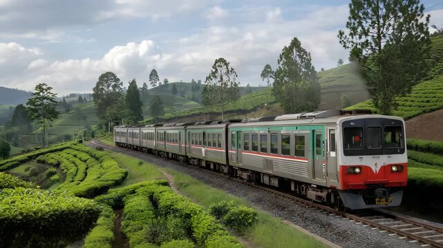 Modern passenger train travels through lush green tea plantations on sunny hills with clou