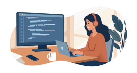 Female Software Engineer Coding in Modern Tech Office, Flat Vector Illustration of Women in STEM for International Women's Day 2026