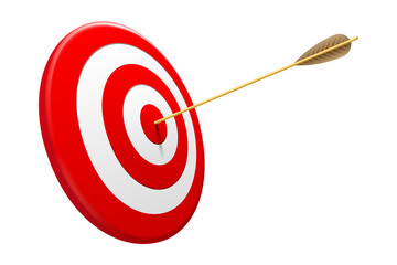 3D red archery target with wooden arrow hitting the bullseye center symbolizing business success and accuracy isolated on transparent background