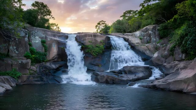 Majestic multi tiered waterfall cascading into a serene pool at golden hour