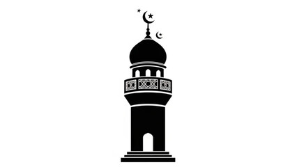 Black silhouette of a mosque minaret with crescent moon and star Islamic architecture symbol for religious and cultural concepts isolated on white background