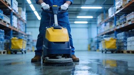 Fototapeta premium Worker Using a Floor Scrubber in a Warehouse For Cleaning and Maintenance