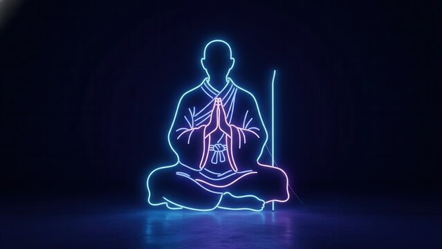Meditating figure in glowing neon outline emanating peaceful spiritual energy on a dark background