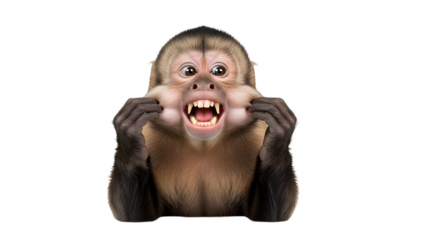 Funny Capuchin Monkey Grimacing, Pulling Cheeks, and Showing Teeth with an Exaggerated Expression isolated PNG with Transparent Background