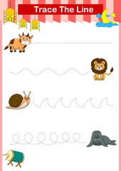 Fototapeta premium Handwriting Practice. Tracing lines for kids with animals. Vector Illustration