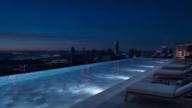 Luxurious rooftop infinity pool overlooking a vibrant city skyline at tranquil twilight ho