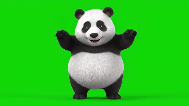 playful cute 3D panda cartoon character performing happy dance full body visible chubby proportions soft fur material expressive smiling face joyful mood smooth lively motion bouncy cartoon animation 