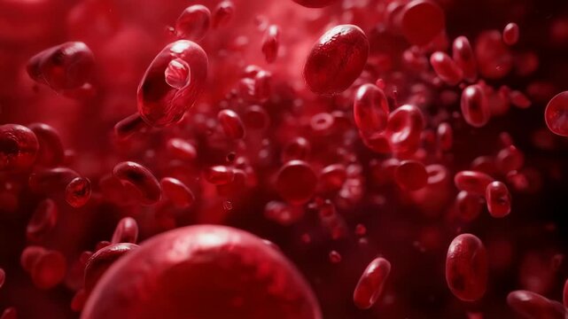 Red blood cells flow in a high detail close-up view showing the movement and structure suspended in a liquid background