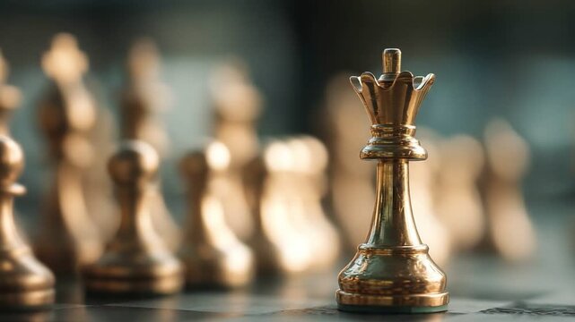 An intricately designed golden queen chess piece stands prominently among wooden pawns in a close-up shot, symbolizing strategy, competition, and intellectual challenge.