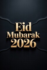 Eid Mubarak 2026 gold text on dark background