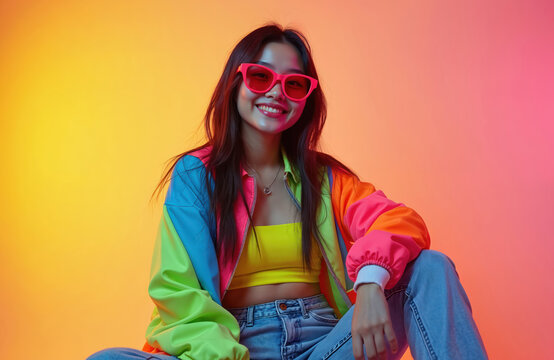 Young asian woman wears neon pink sunglasses and colorful jacket. She smiles, sitting in bright studio lights, exuding retro vibes. Casual denim outfit with yellow crop top.