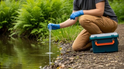 Person in blue gloves collecting water sample from pond for environmental analysis with equipment