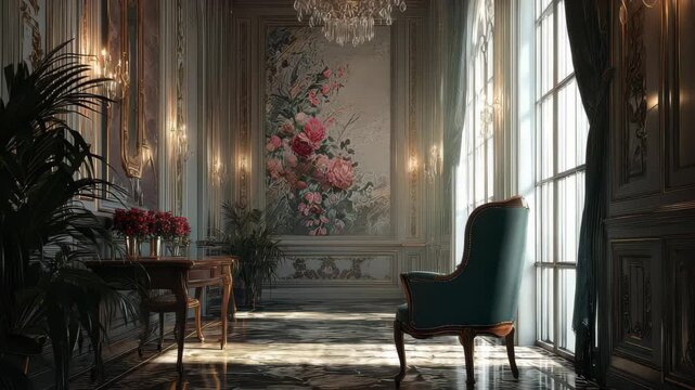 Elegant interior with floral artwork and a chair in soft light at a historic location during the day